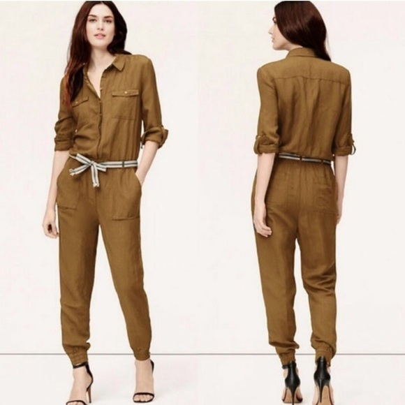 Ann Taylor Loft Utility Brown Striped Belt Jumpsuit Cuffed Ankle Button Front 14 - Picture 1 of 16